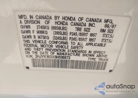 2008 Honda Ridgeline Rtx from USA, damaged, VIN 2HJYK163X8H516972